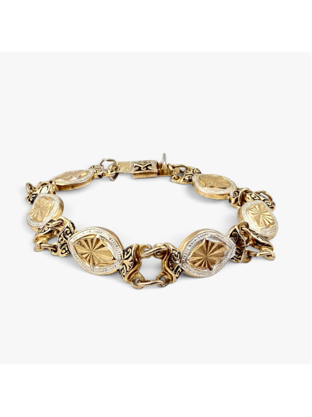 Vintage Toledo Damascene Bracelet, Spanish Gold Silver Inlay Link Bracelet